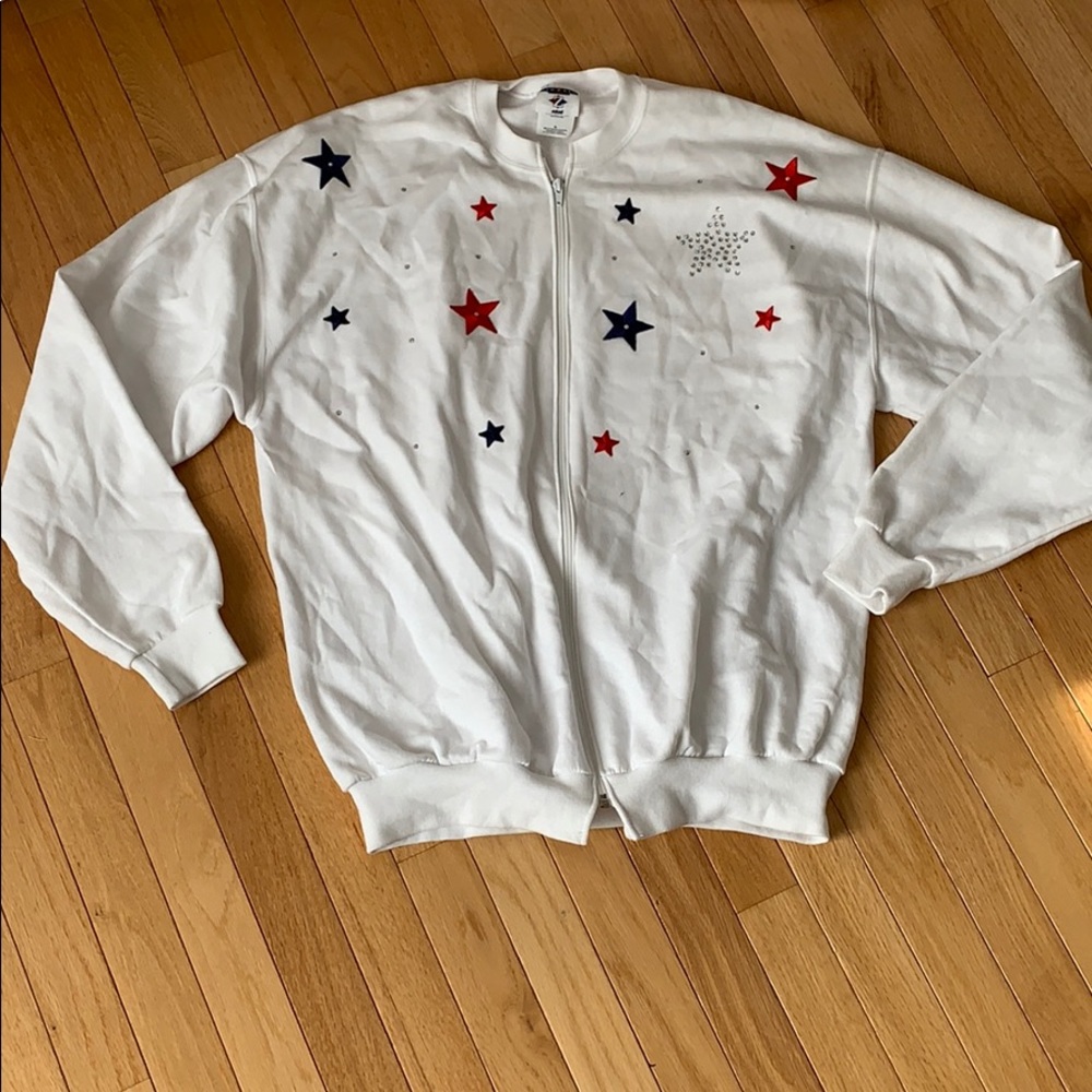 Red white and blue zip up sweater with stars